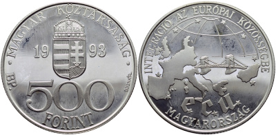 Венгрия 500 форинтов 1993 интеграция в ЕС, мост с Европой KM 704 серебро PROOF 1095-4-24