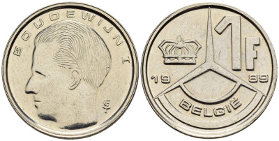 БЕЛЬГИЯ 1 ФРАНК 1989 BELGIE KM 171 сталь плакированная никелем 4528-1043