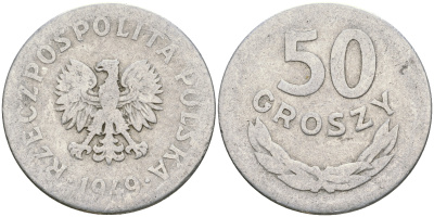 Польша 50 грошей 1949 KM 44а, Parchimowicz 209b алюминий 4364-1652