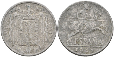 Испания 10 сентимо 1945 всадник KM 766 алюминий 4116-1052
