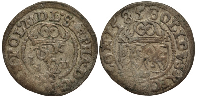 Польша 2 денари (шеляг) 1585 Стефан Баторий (1576-1586), вес 1,12 гр. серебро 1516-1534