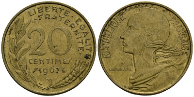 Франция 20 сантимов 1967 тип Marianne KM 930 медь алюминий никель 4135-556