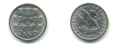 ПОРТУГАЛИЯ 2,5 ЭСКУДО 1978 ПАРУСНИК KM 590 медно-никель 176-145