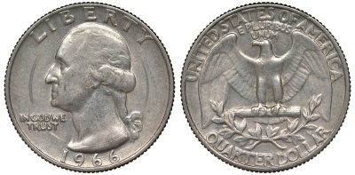 США 25 центов (квотер) 1966 Вашингтон KM 164а медь плакированная медно-никелем 4128-623