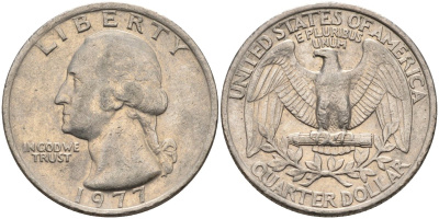 США 25 центов (квотер) 1977 Вашингтон KM A164a медь плакированная медно-никелем 4584-1047