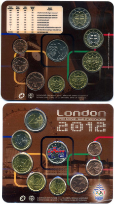 Словакия евронабор из 8 монет плюс жетон 2012 летние олимпийские игры в Лондоне, жетон с цветной эмалью, 1, 2, 5, 10, 20, 50 евроцентов, 1, 2 евро, пластик, запайка, буклет BUNC 3-4-8-19