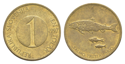 Словения 1 толар 1997 рыбы KM 4 латунь 3996-1225