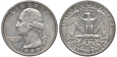 США 25 центов = квотер 1990 D, Вашингтон KM A164a медь плакированная медно-никелем 4543-1244