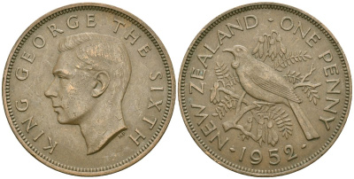 Новая Зеландия 1 пенни 1952 Георг VI (1936-1952), новозеландский туи KM 21 бронза 4557-341