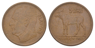 Норвегия 5 эре 1962 Улаф V (1957-1991) KM 405 бронза 4635-556