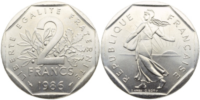 Франция 2 франка 1986 сеятель, тираж 15000 экземпляров KM 942.1, LE FRANC 272.10 никель UNC 1526-1343