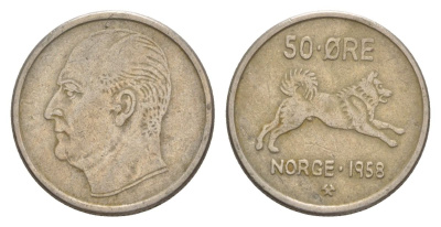 Норвегия 50 эре 1958 Улаф V (1957-1991) KM 408 медно-никель 4635-423