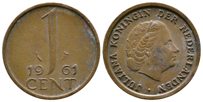 Нидерланды 1 цент 1961 Юлиана (1948-1980) КМ 180 бронза 177-1161