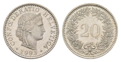 Швейцария 20 раппенов 1993 B KM 29a медно-никель 4623-517