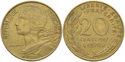 ФРАНЦИЯ 20 САНТИМОВ 1976 ТИП MARIANNE KM 930, LE FRANC 156.16 медь алюминий никель 175-841