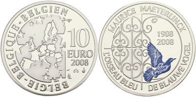 Бельгия 10 евро 2008 100 лет "Синей птицы"  Мориса Метерлинка, эмаль KM 266 серебро PROOF 01-165-43