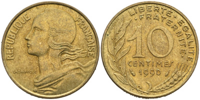ФРАНЦИЯ 10 САНТИМОВ 1990 ТИП MORLON КМ 929, LE FRANC 144.30 медь алюминий никель 4564-1258