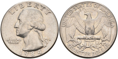 США 25 центов (квотер) 1984 D, Вашингтон KM A164a медь плакированная медно-никелем 4584-1214