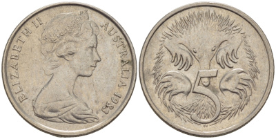 АВСТРАЛИЯ 5 ЦЕНТОВ 1983 ЕЛИЗАВЕТА II, МОЛОДОЙ ПОРТРЕТ, ЕХИДНА KM 64 медно-никель 66-364