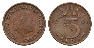 Нидерланды 5 центов 1954 Юлиана (1948-1980) KM 181 бронза 192-1067