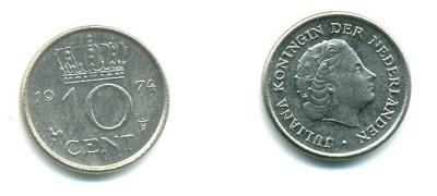 НИДЕРЛАНДЫ 10 ЦЕНТОВ 1974 ЮЛИАНА KM 182 никель 76-349
