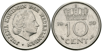 НИДЕРЛАНДЫ 10 ЦЕНТОВ 1950 ЮЛИАНА KM 182 никель 96-415