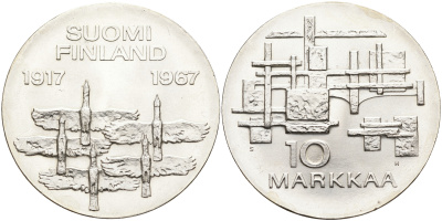 Финляндия 10 марок 1967 S-H, 50 лет независимости (1917-1967) KM 50 серебро UNC 1527-725