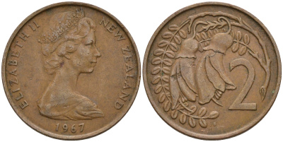 Новая Зеландия 2 цента 1967 Елизавета II (1952-2022), два цветка кохаи KM 32.1 бронза 4602-641