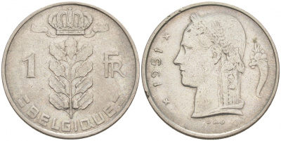 БЕЛЬГИЯ 1 ФРАНК 1951 BELGIQUE KM 142.1 медно-никель 68-632