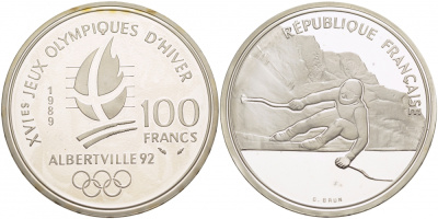 Франция 100 франков 1989 XVI Зимние Олимпийские игры 1992 в Альбервиле, горные лыжи, гигантский слалом KM 971 серебро PROOF 1074-6-64