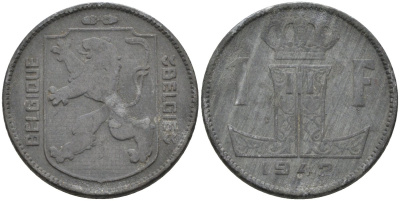 Бельгия 1 франк 1942 BELGIQUE-BELGIE KM 127 цинк 4116-1111
