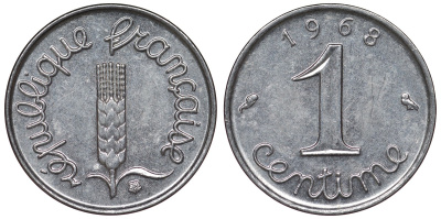 Франция 1 сантим 1968 пятая республика KM 928, Le Franc 106.15 нержавеющая сталь 4124-417