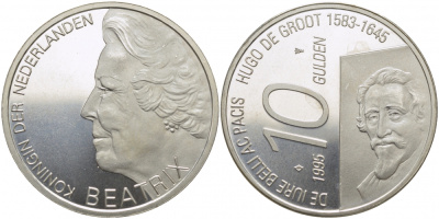 Нидерланды 10 гульденов 1995 300 лет со дня смерти Хьюго Грута, королева Беатрикс KM 220 серебро UNC 3896-322