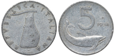 Италия 5 лир 1954 R, плуг, дельфин KM 92 алюминий 4122-111