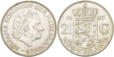 Нидерланды 2 1/2 гульдена 1966 Юлиана (1948-1980) KM 185 серебро 114-542