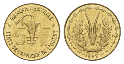 Западная Африка (BCEAO) 5 франков 1989 Центральный банк государств Западной Африки KM 2a медь алюминий никель aUNC 4643-747