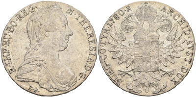 Австрия 1 талер 1780 SF, Мария Терезия, официальный рестрайк KM Т1 серебро 00-1067-3-13