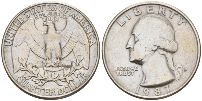 США 25 ЦЕНТОВ = КВОТЕР 1987 P, ВАШИНГТОН KM А164a медь плакированная медно-никелем 190-347