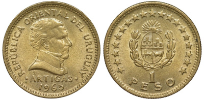 Уругвай 1 песо 1965 KM 46 алюминиевая бронза 108-1142