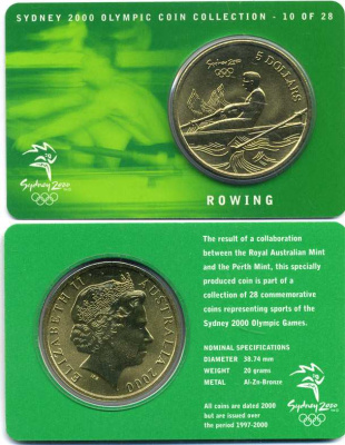 Австралия 5 долларов 2000 Олимпийские игры в Сиднее 2000 года, гребля, Елизавета II (1953-), в оригинальном картонном буклете KM алюминиевая бронза UNC 5-6-3-56
