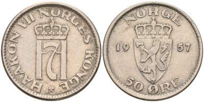 Норвегия 50 эре 1957 Хокон VII (1905-1957) KM 402 медно-никель 4582-653