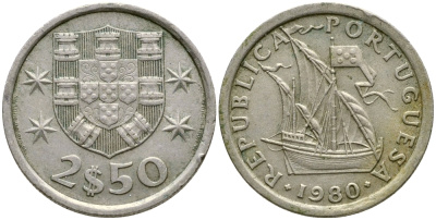 Португалия 2,5 эскудо 1980 парусник KM 590 медно-никель 4387-124