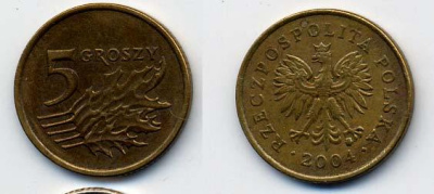 Польша 5 грошей 2004 MW KM 278, Parchimowicz 703k латунь 58-1222