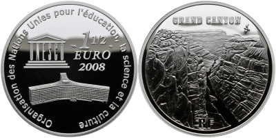 Франция 1 1/2 евро 2008 всемирное наследие ЮНЕСКО, Гранд каньон KM 1574 серебро PROOF 1095-3-32