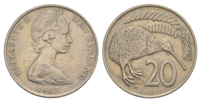 Новая Зеландия 20 центов 1967 Елизавета II (1952-2022), птичка киви KM 36.1 медно-никель 4182-624