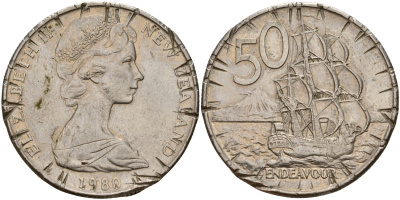 Новая Зеландия 50 центов 1980 Елизавета II (1952-2022), парусник Индевор KM 37.1 медно-никель 189-442