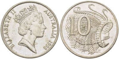 Австралия 10 центов 1998 Елизавета II (1952-), птица лирахвост KM 81 медно-никель 3457-656
