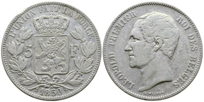 Бельгия 5 франков 1850 Леопольд I (1831-1865), точка над датой KM 17 серебро 74-1124