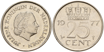 Нидерланды 25 центов 1977 Юлиана (1948-1980) KM 183 никель  4598-127