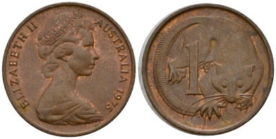 Австралия 1 цент 1975 Елизавета II (1953-), молодой портрет, опоссум KM 62 бронза 4602-219